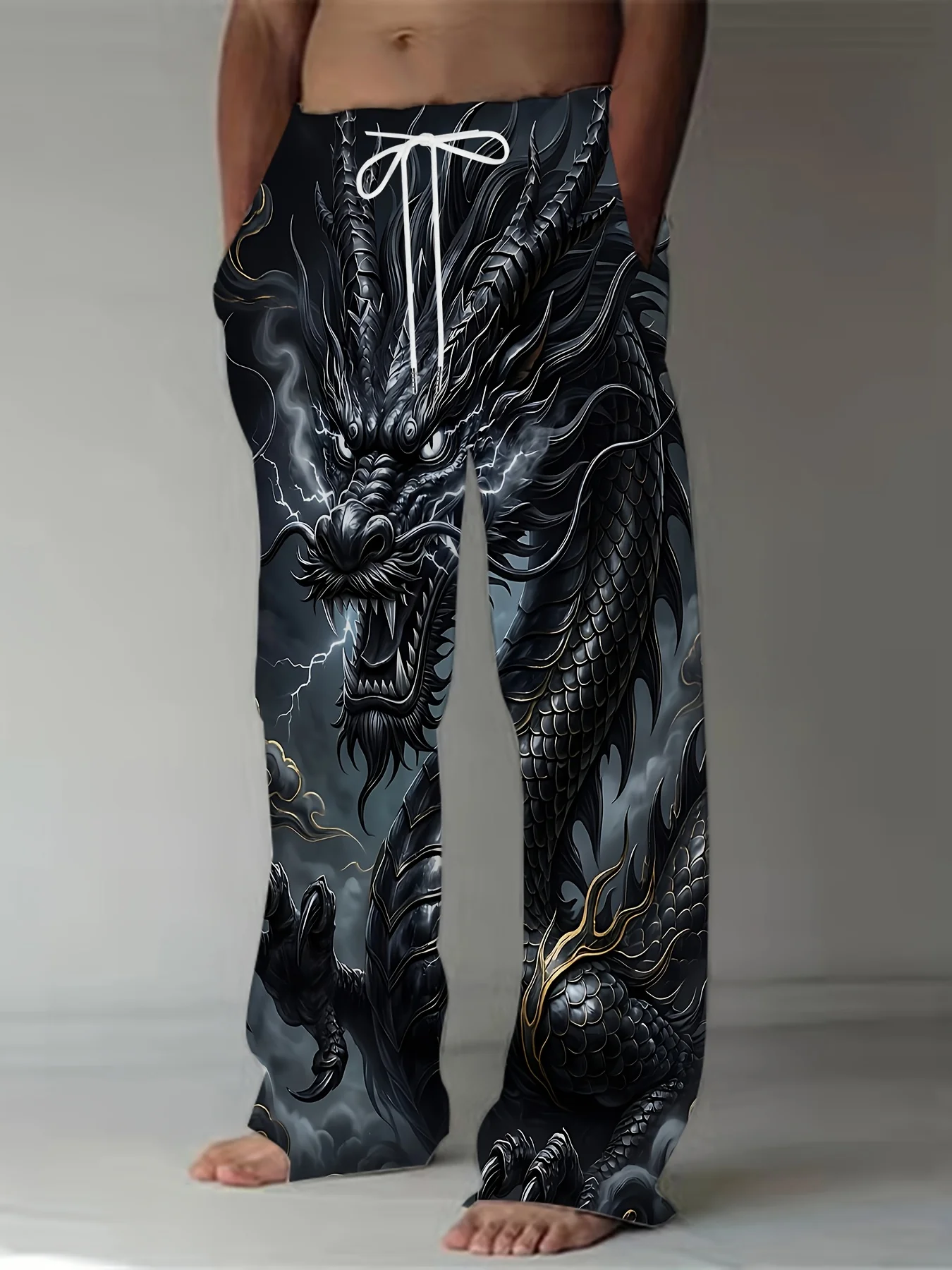 

Летние модные брюки 2026: Новинка в стиле ретро с 3D-принтом «Черный дракон и павлин» для пляжного отдыха и фитнеса, уличный стиль