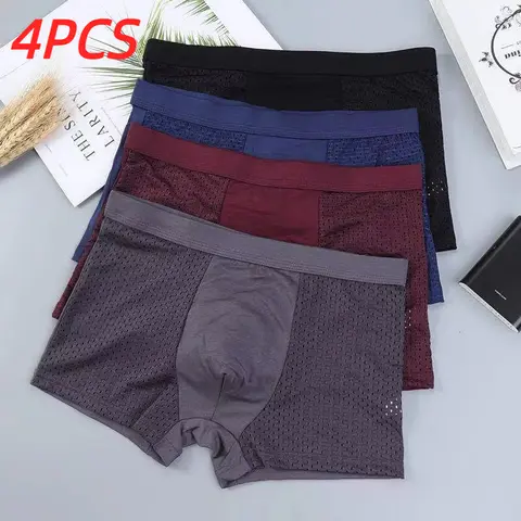 4Pcs 통기성 메쉬 남성 속옷 남성 복서 솔리드 팬티 반바지 남성 속옷 통기성 친밀한 남자 복서