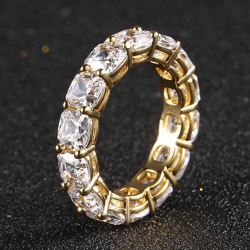 

Iced Out Cushion Cut Eternity Band Ring, Unisex Full CZ Diamond Hip Hop Bling Jewelry, Rapper Accessory