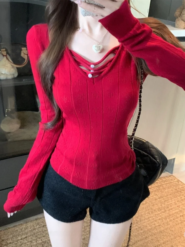 

Red Long Sleeve Slim Fit Knitted T-Shirt Women's Autumn Winter Outerwear Base Layer Top High-End Feeling Commute Style