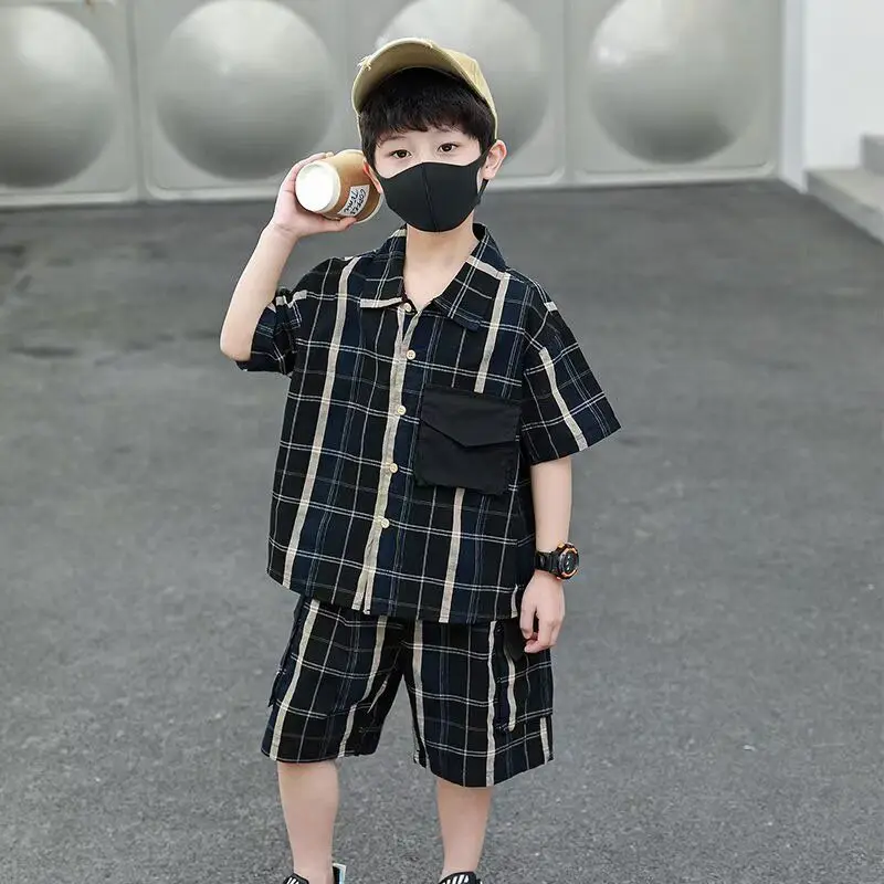 Plaid Shirt 2 Pieces Set Outdoor Clothing Boys Wear Children Clothes 7 To 14 Years Junior Top Bottom Sets for Boy Boutique Kids