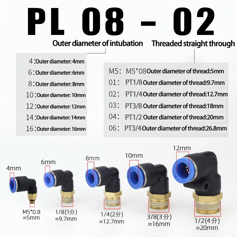 

40Pcs PL Elbow Pneumatic Fitting 1/8 1/4 3/8 1/2 BSP Male Thread Connector L Shape Push In Hose OD 6mm 8mm 10mm 12mm 14mm 16mm