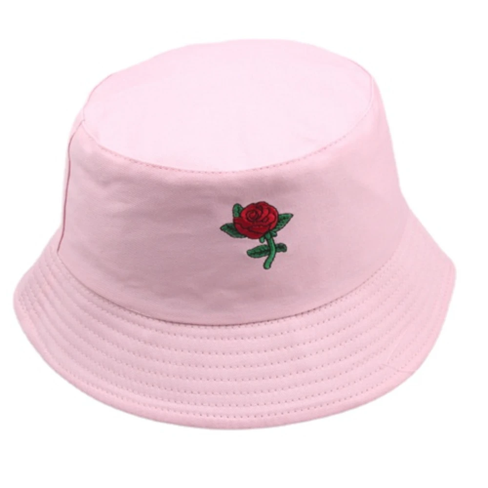 

Rose Embroidery Bucket Hat Foldable Macaron Panama Hat For Women Men Outdoor Fishing Hunting Sun Protection Fishmen Hat