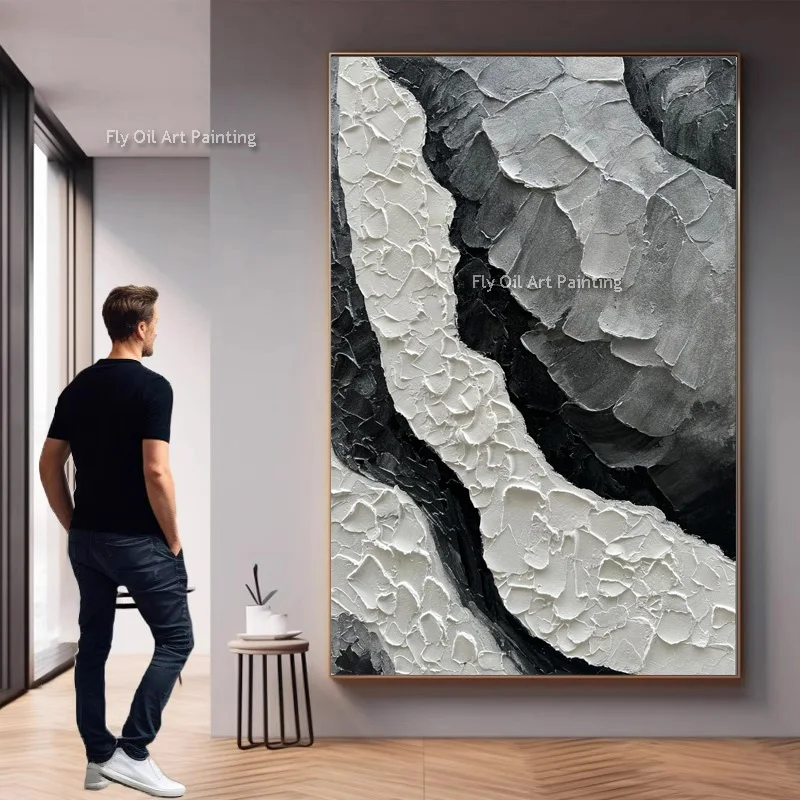

Черно-белая настенная живопись ручной работы, простой дизайн, произведение искусства, серая абстрактная текстура, толстая картина маслом для декора гостиной, подарки