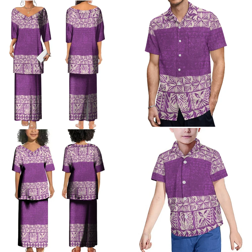 

Puletasi Tribal Ethnic Style Polynesian Custom Family Suit Men'S Shirt Women'S Suit Skirt Casual Loose Dress