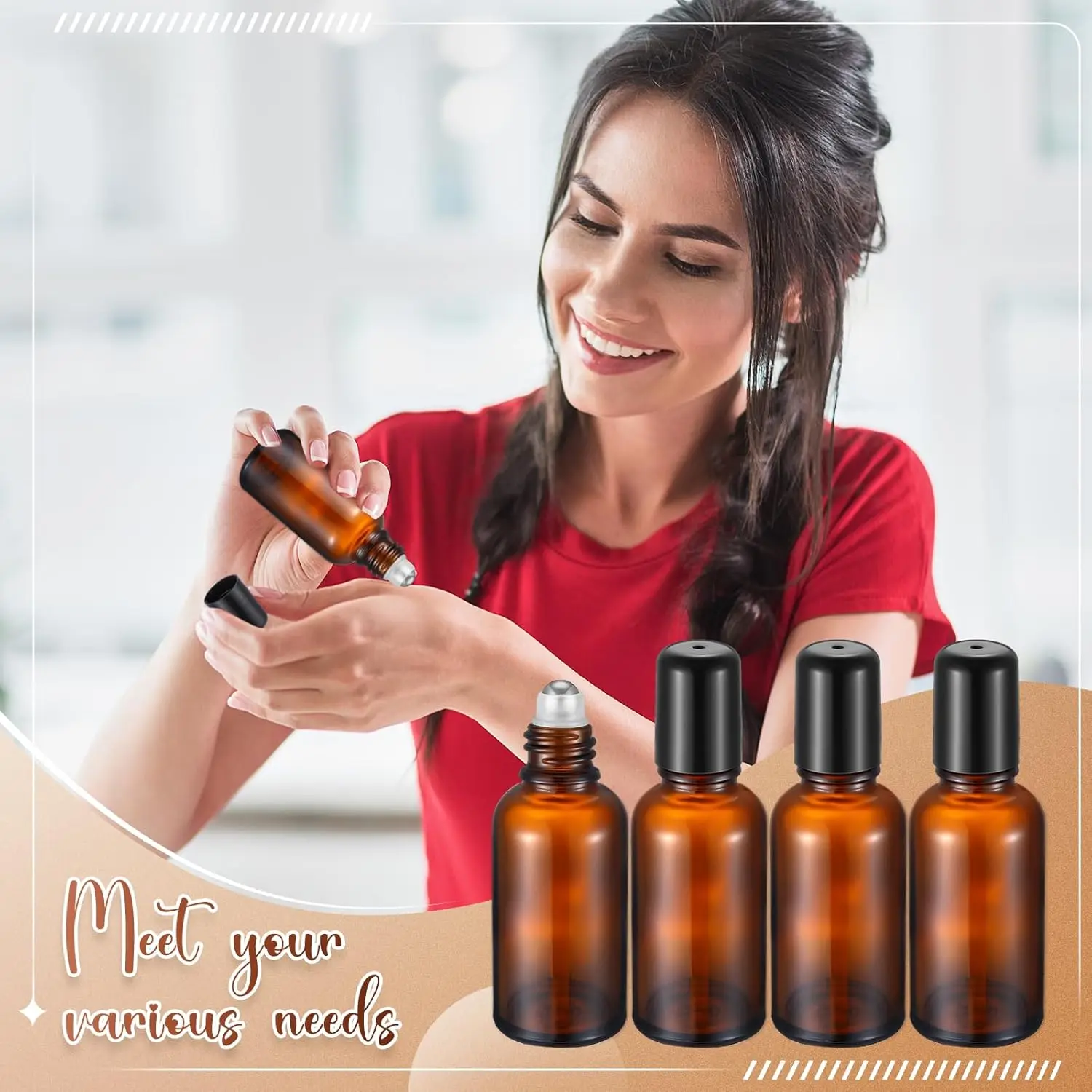 5/10/15/20/30/50/100ML Amber Roller Bottle Glass Refillable Essential Oil Perfume Bottles Roll on Vials Empty Sample Containers