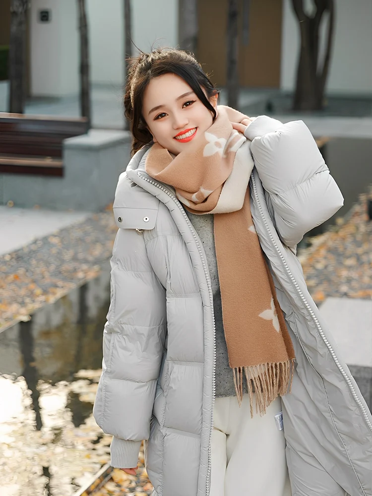 

Ультратеплая длинная белая пуховая куртка-пуховик для женщин, зимнее пальто с воротником-стойкой, повседневная модная верхняя одежда стандартного кроя