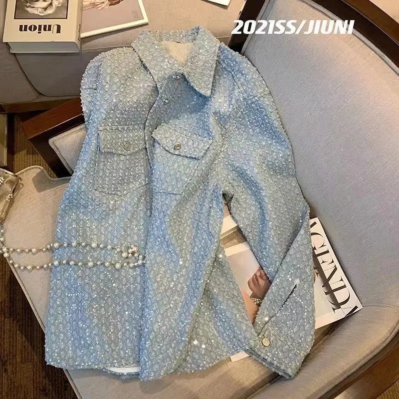 Spring Autumn New Coat Women Heavy Industry Blue Jacket 2024 Female Street Lovers Loose Fashion Pocket Tops Shirt Jackets