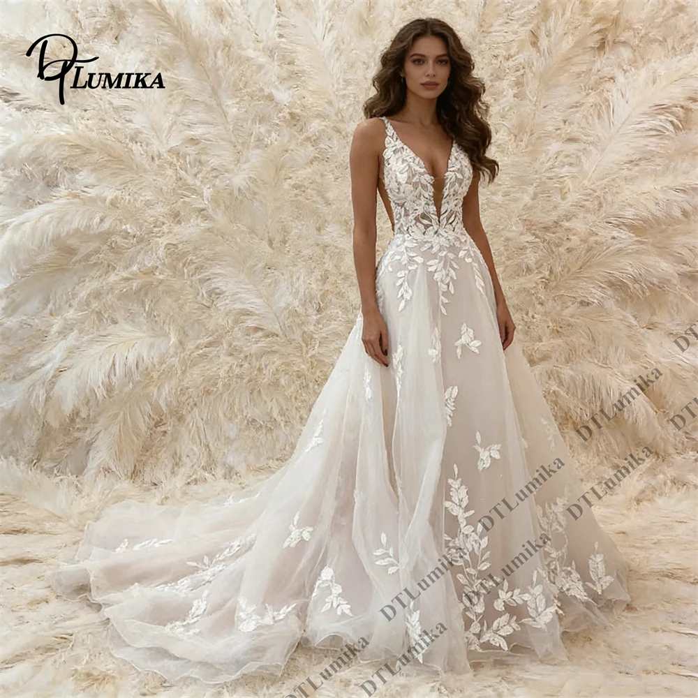 

Deep V Neck Wedding Dress, Lace Applique Tulle Mermaid Bridal Gown with Illusion Bodice & Floral Embroidery, Made to Order