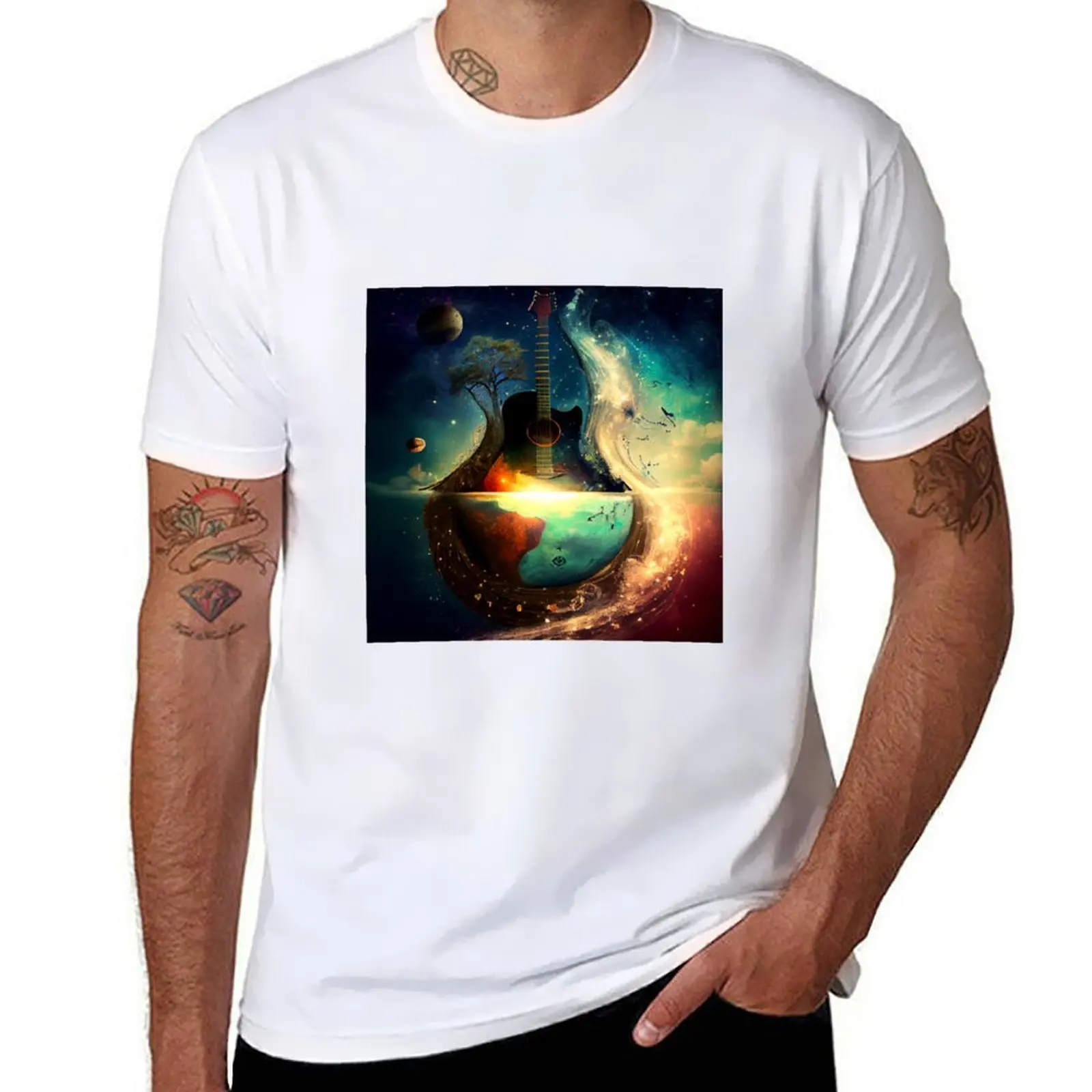 

Guitar music world Surreal Music Scene with Notes T-Shirt cotton t shirts man 100% t shirt custom print T-Shirt