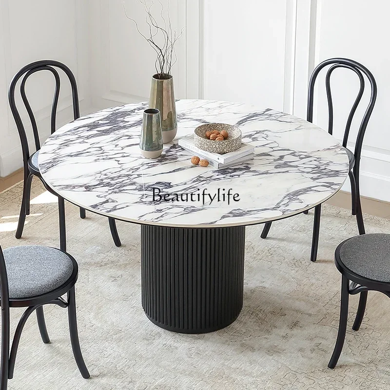 

56Roman round dining table French retro rock slab marble round dining table