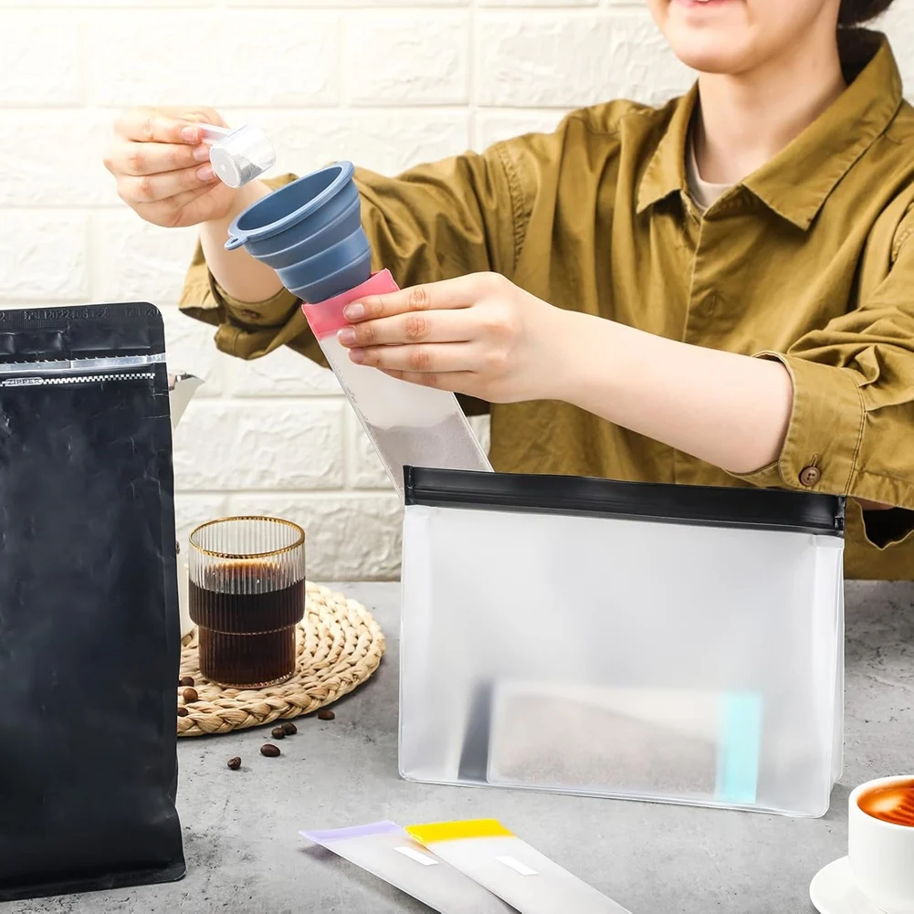 A95G Protein Powder Travel Container Set Single Dose Reusable Powder Supplement Packets with Funnels,Spoons and Labels