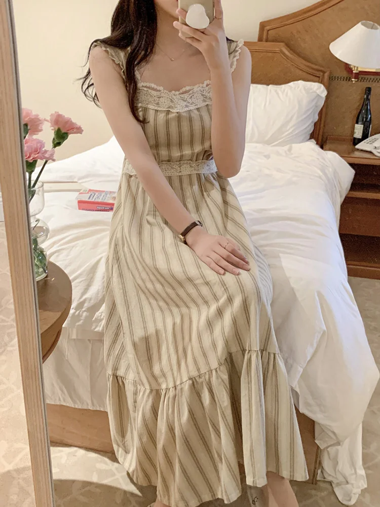 Striped Sleeveless Korean Style NightDress Women Vintage Home Sweet Lace Kawaii Elegant Casual One word collar Comfortable Ins