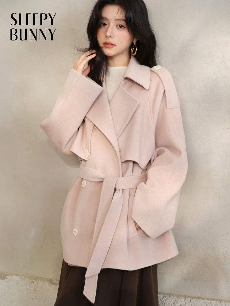 

Elegant Short Wool-like Coat Women Lady Belted Winter Outerwear Jacket Lapel Design Slim Waist Silhouette for Daily Chic Styling