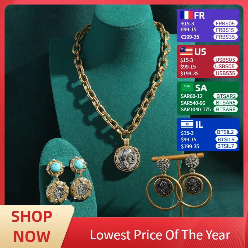 

Ancient Avatar Carving Coins Gold Color Chain Dubai Jewelry Sets for Women Luxury Vintage Chokers Necklace Earrings Charm Party