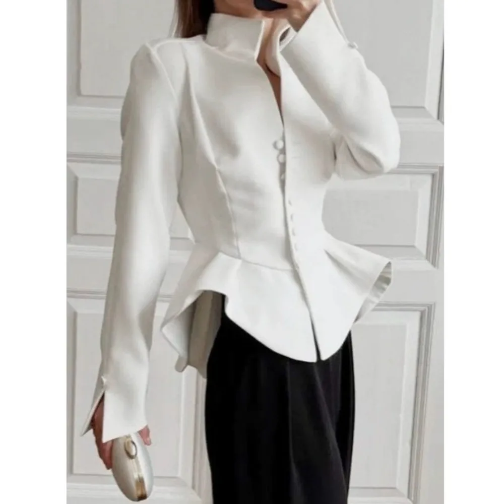 New Stand Collar Women Blazer Waist Shape Long Sleeve Office Coat Button Front A Flare Hem Peplum Top Fall Outfit