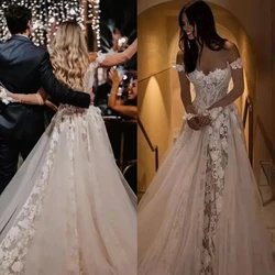Off Shoulder A-Line Wedding Dress Illusion Long Sleeves Lace Appliques Sweep Train Bride Dresses Custom Made Robe De Mariée
