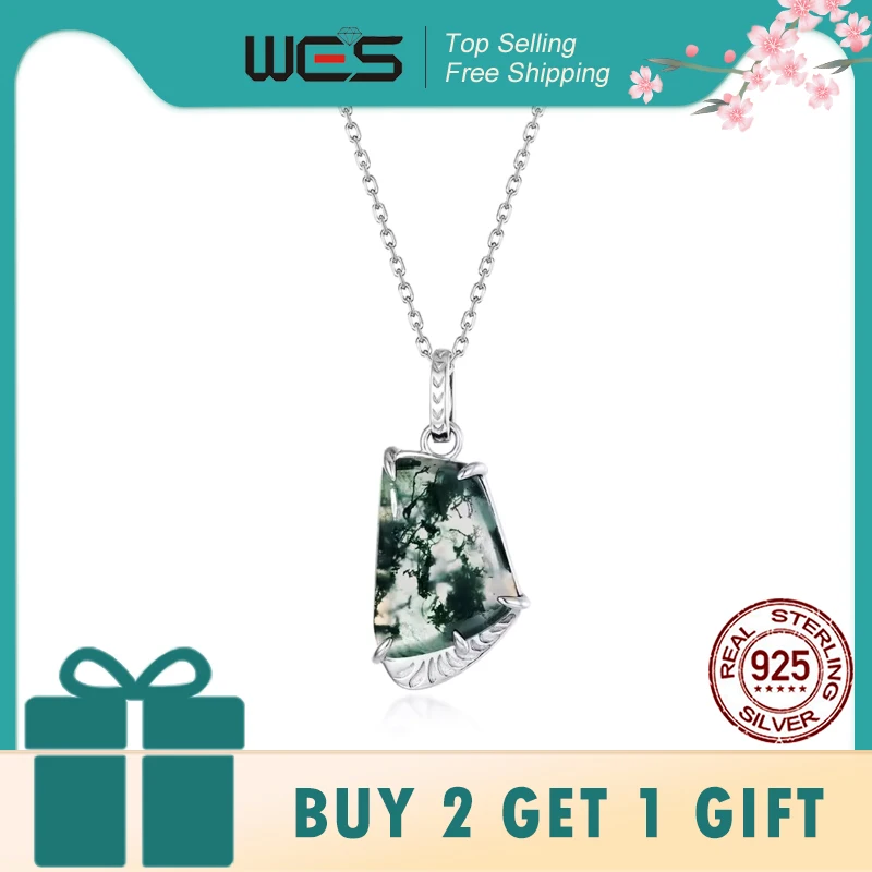 

WES 925 Sterling Silver Natural Gemstone Moss Agate Pendant Necklace For Woman Certified Fine Jewelry Geometric Wedding Gifts