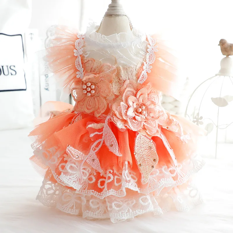 Summer Spring  Thin Orange Hollow-out Princess Dress For Cats Dogs, Wedding Gown Style Pet Clothing For Small Dog