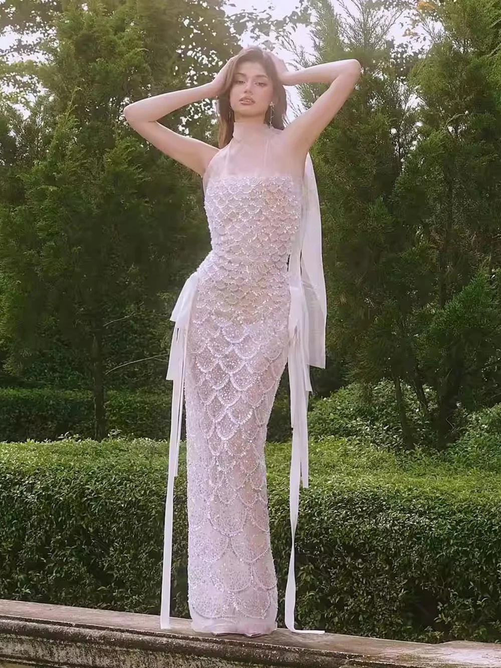 Modphy 2026 New Sexy Luxury Sparkly Silver Sequin See Through Mesh Long Dress Women Evening Birthday Party Bar Stage Show Costum