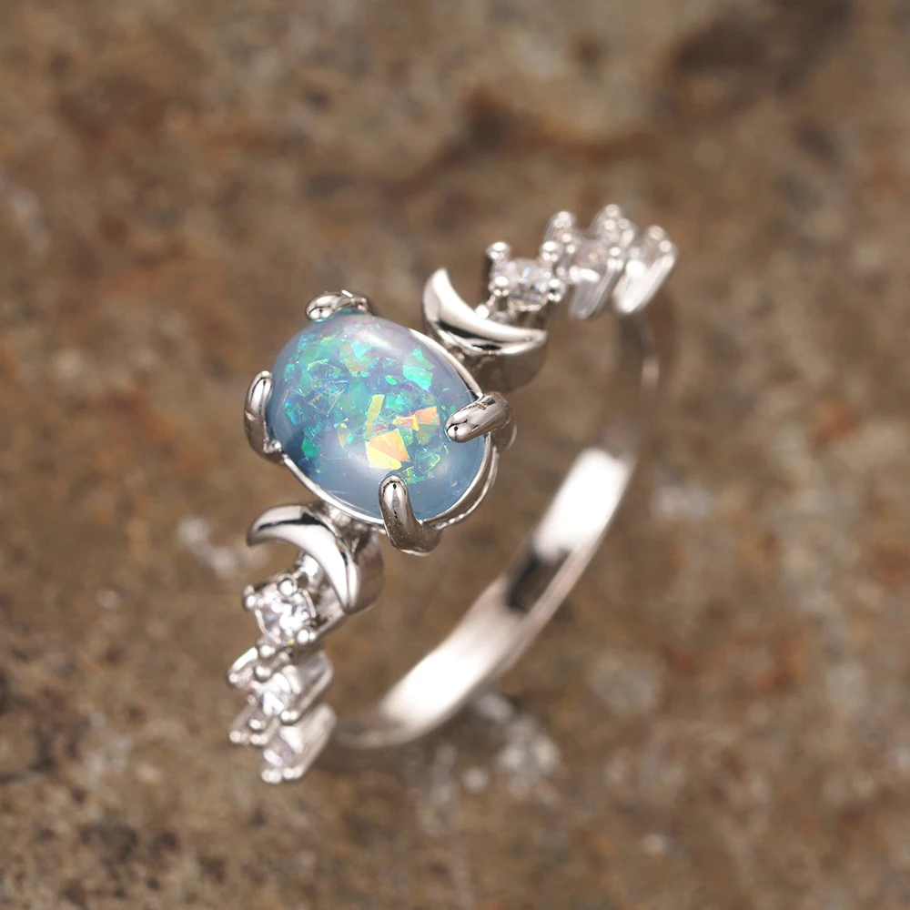 Huitan Blau/Weiß Imitation Opal Mond Ringe für Frauen Ästhetische Hochzeit Zubehör Phantasie Jahrestag Geschenk Statement Schmuck Heißer