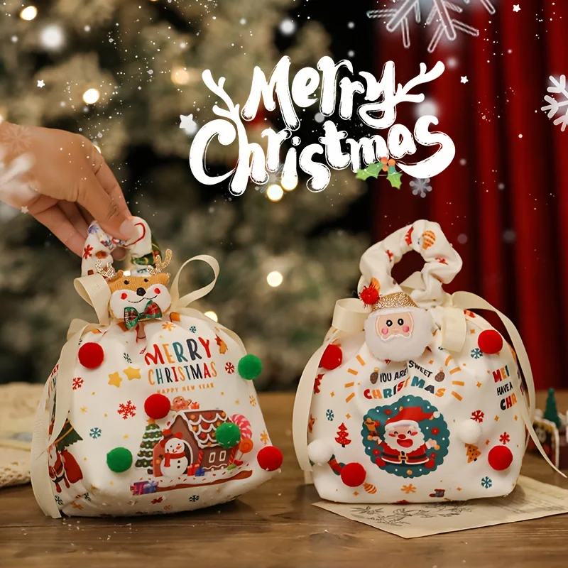 قطعة واحدة من أكياس هدايا عيد الميلاد مع إغلاق برباط - أكياس هدايا لحفلات الأعياد قابلة لإعادة الاستخدام مع سانتا ورجل الثلج ومنزل خبز الزنجبيل
