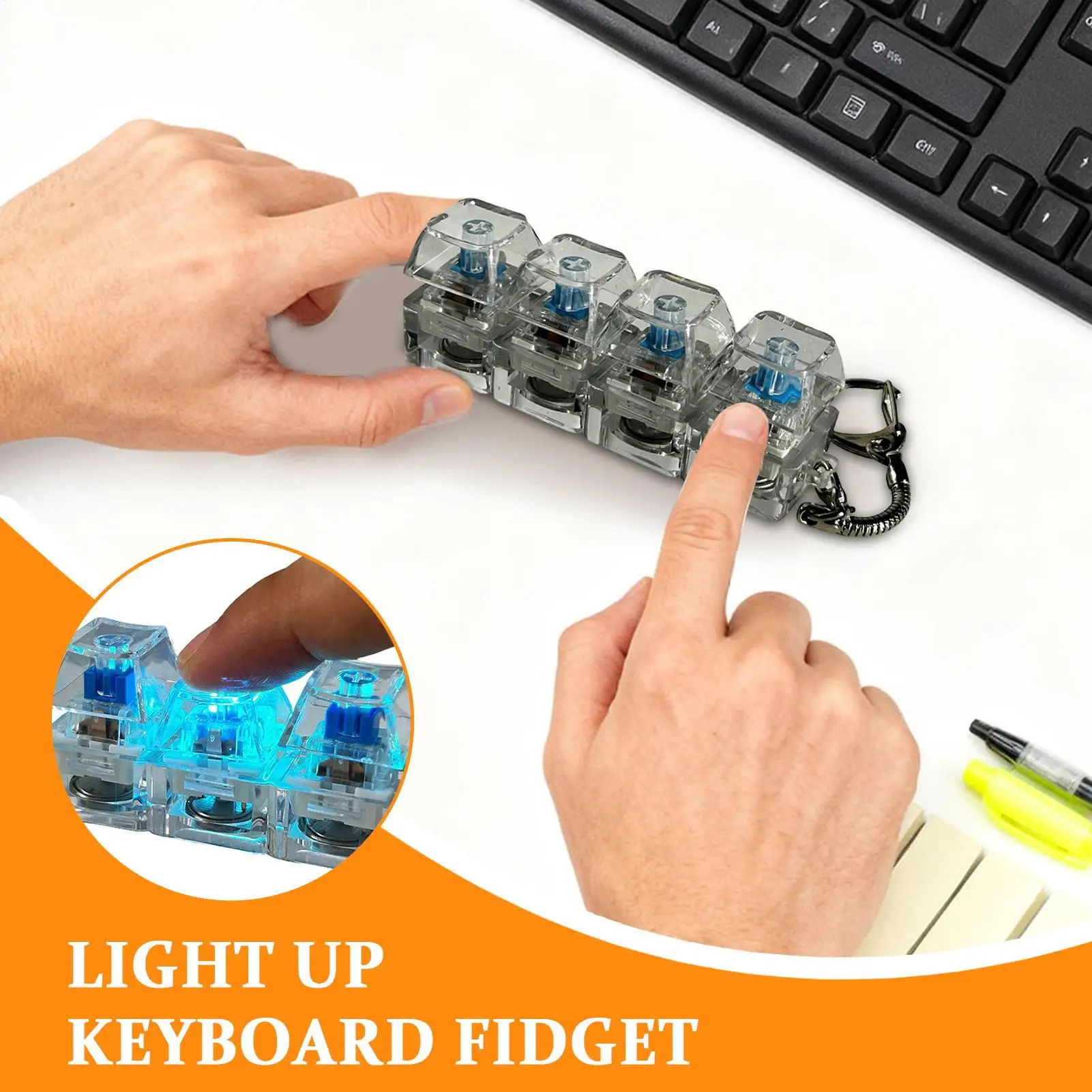 Adults Stress Relief Mechanical Keyboard Tester Gift Colorful LED Lights Charm Fidget Keychain with 4 key Buttons