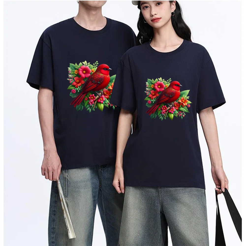 Red Bird And Flowers Printed T Shirt Breathable Fabric S-XXL Personalized Custom Casual Short Sleeve Tee Aesthetic Graphic Top U