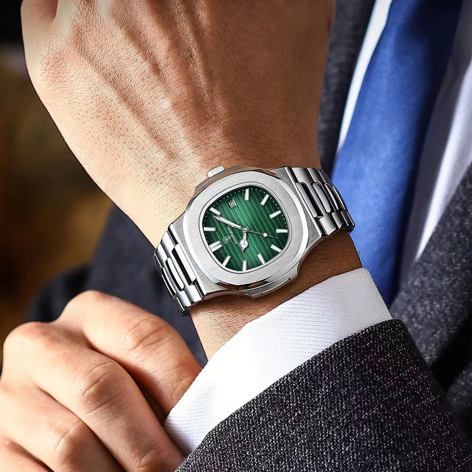 POEDAGAR Orologio da uomo d'affari quadrato Orologio da polso da uomo sportivo di lusso con data luminosa impermeabile in acciaio inossidabile