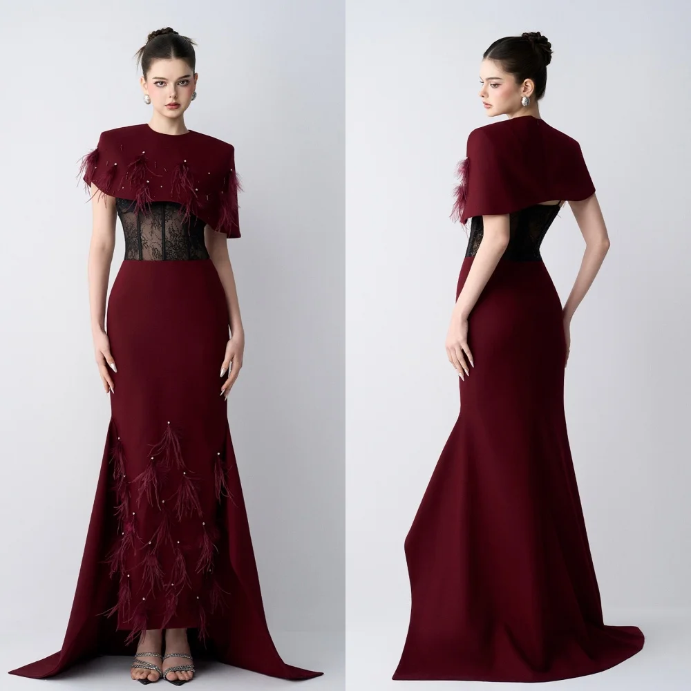 

Customized Intricate Formal Jersey Rhinestone Feather Lace Mermaid High Collar Long Dresses Evening Dresses Chinese Style Retro