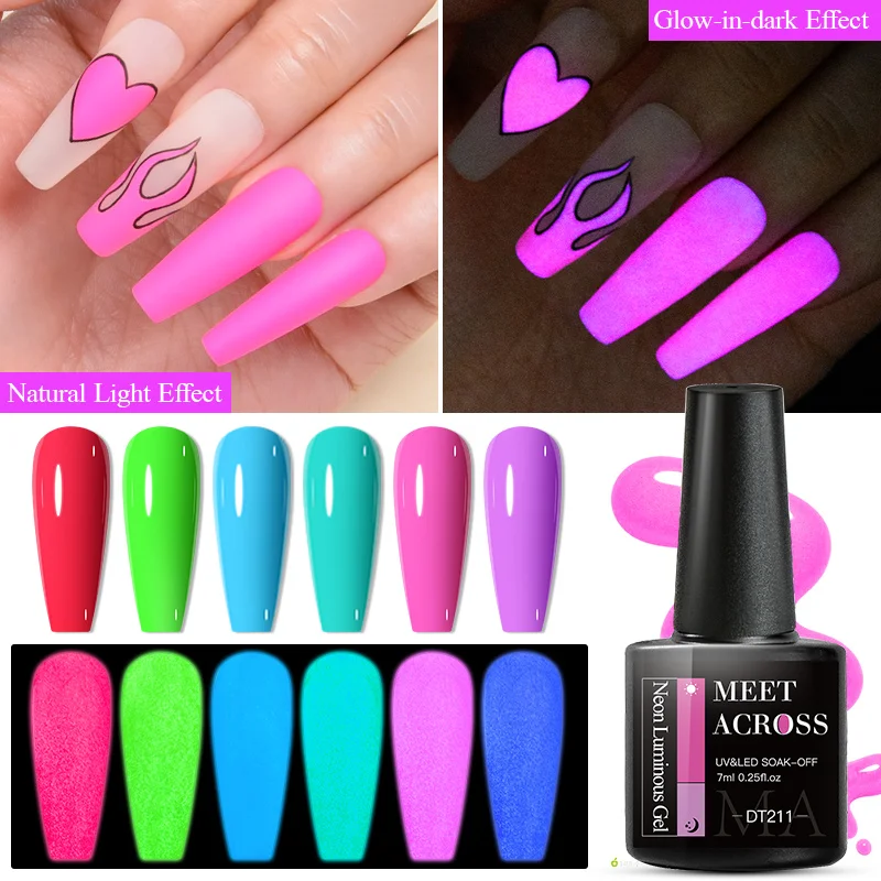 MEET ACROSS 7ml Esmalte de uñas de Gel fluorescente que brilla en la oscuridad 12 colores Semi permanente Soak Off UV Luminoso barniz de Gel de neón