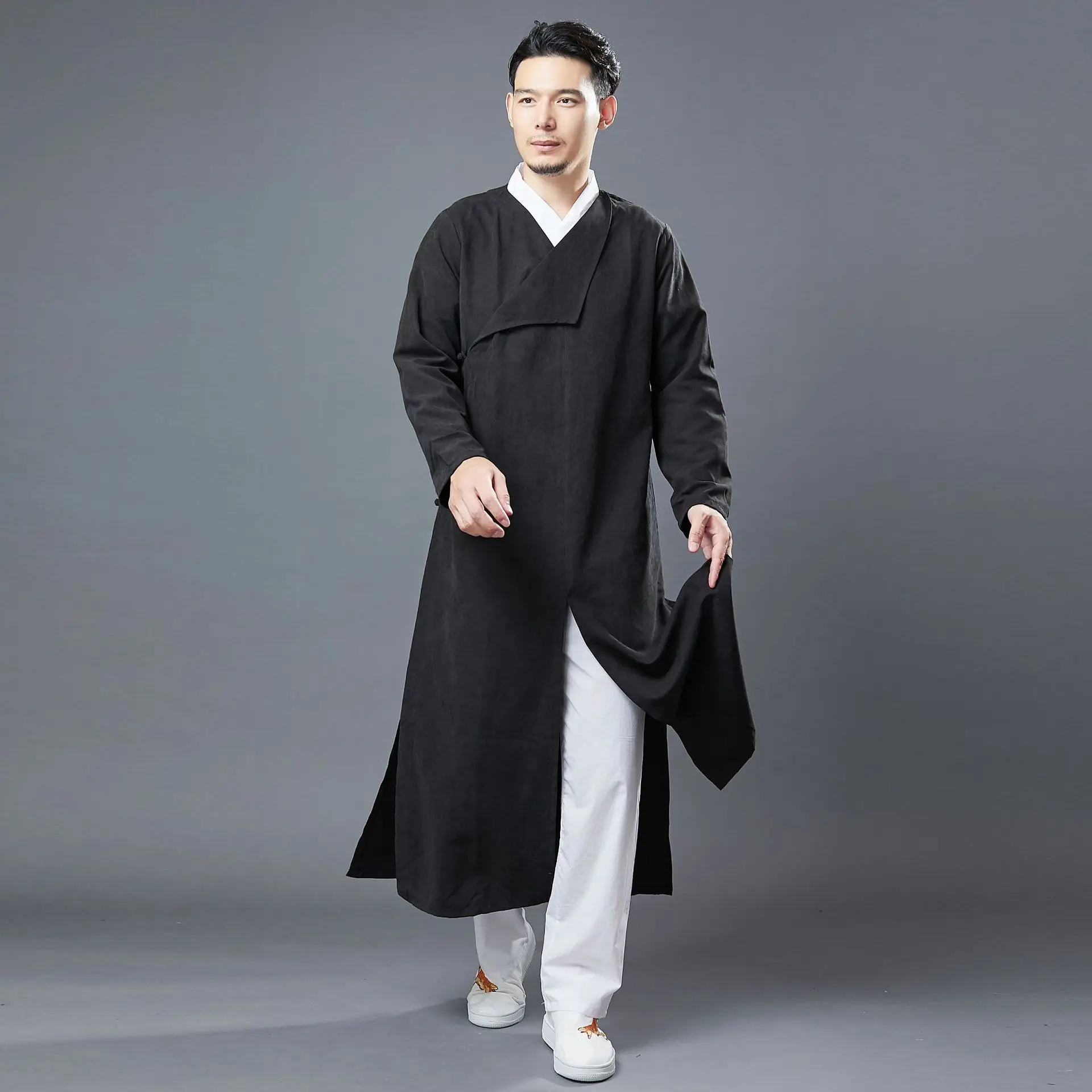 

Chinese Improved Long Shirt Vintage Plate Buckle for Men Traditional Tai Ji Suit Martial Arts Kung Fu Performance Solid Color