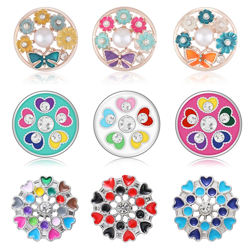 New Beauty Colorful Rhinestone Flowers heart leaves Round 18MM snap buttons fit DIY snap bracelet jewelry wholesale