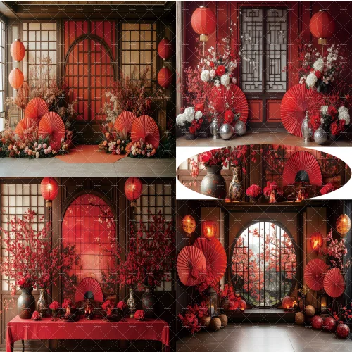 Chinesisches Neujahr, roter Hintergrund, Blumenlaterne, chinesischer Stil, Hochzeit, Party, Dekoration, Familienporträt, Hintergrund, Foto-Requisiten