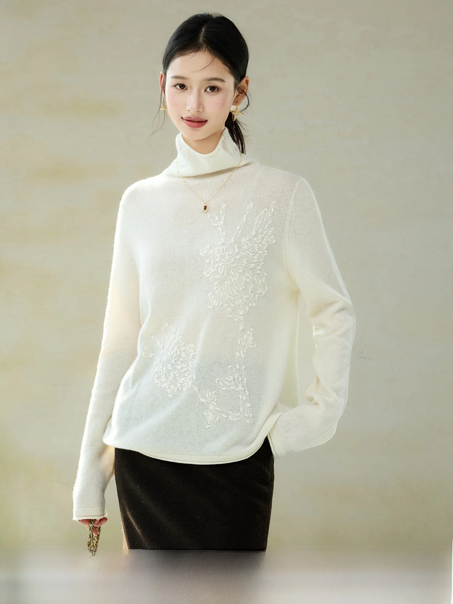 

Elegant Embroidered Woolen Knitwear Women's Fine Gauge National Style Spring Fashion High Collar Long Sleeve Loose Fit Sweater
