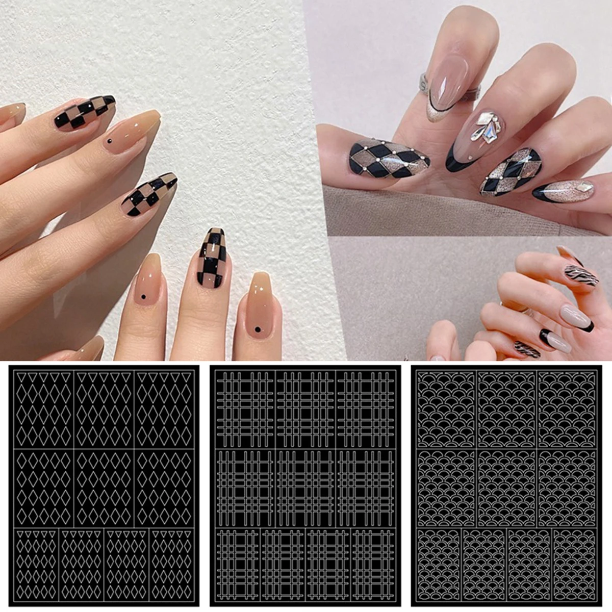 Hollow Grid Stickets for Nails Design Diamond Grid Line Fish Scale Leopard Chessboard Line Nail Art Decoration Decals