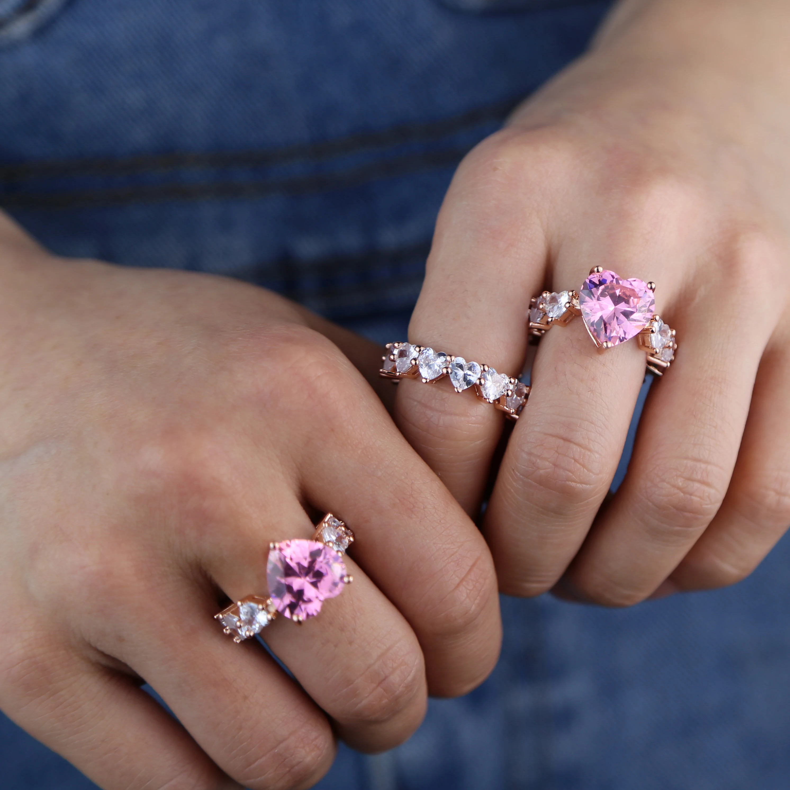 Rose gold Color white pink cz heart wedding engagement ring for women Full heart cz eternity band finger jewelry
