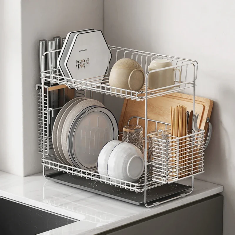 

304 Stainless Steel Bowl Rack Sink 2-layers Cutlery Basket Classification Drying Rack Breathable Drainage Kitchen Organizer