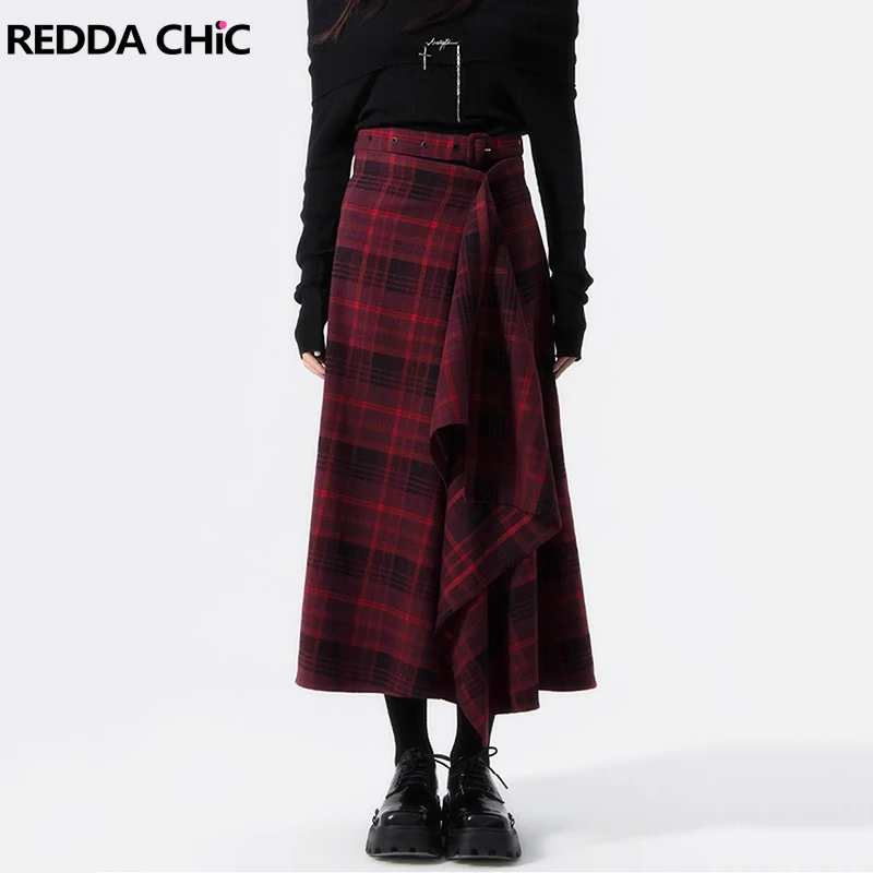 REDDACHiC Goth Girl Tartan Asymmetrical Long Skirt Retro Red Plaid Flowy A-line High Waist Ruffle Skirt Women Grunge Streetwear