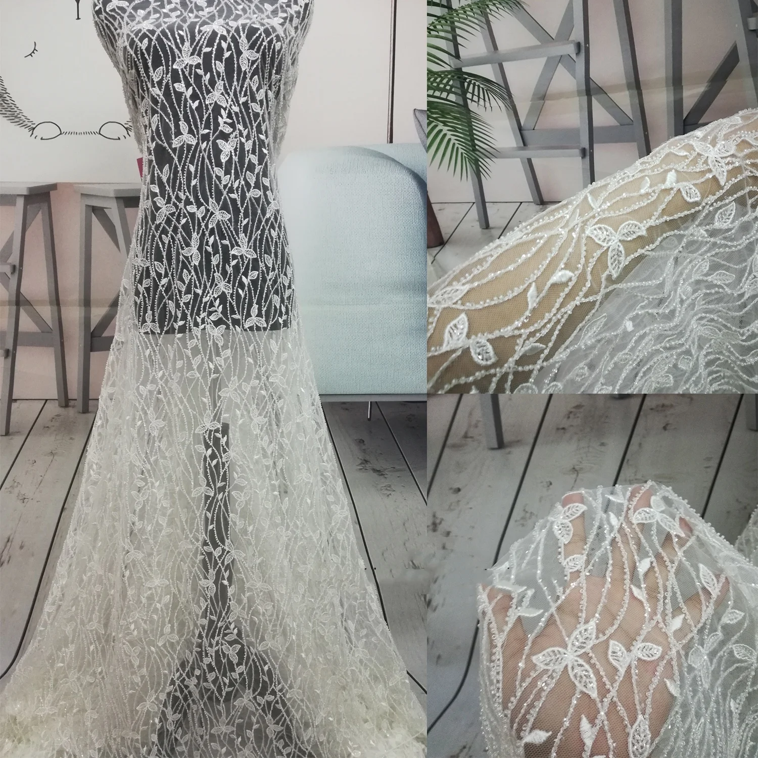 Vine Leaf Lace Trim Fabric Beaded Crystal Embroidered Appliqued Bridal Wedding Dress DIY Trimmings Material Craft Accessories