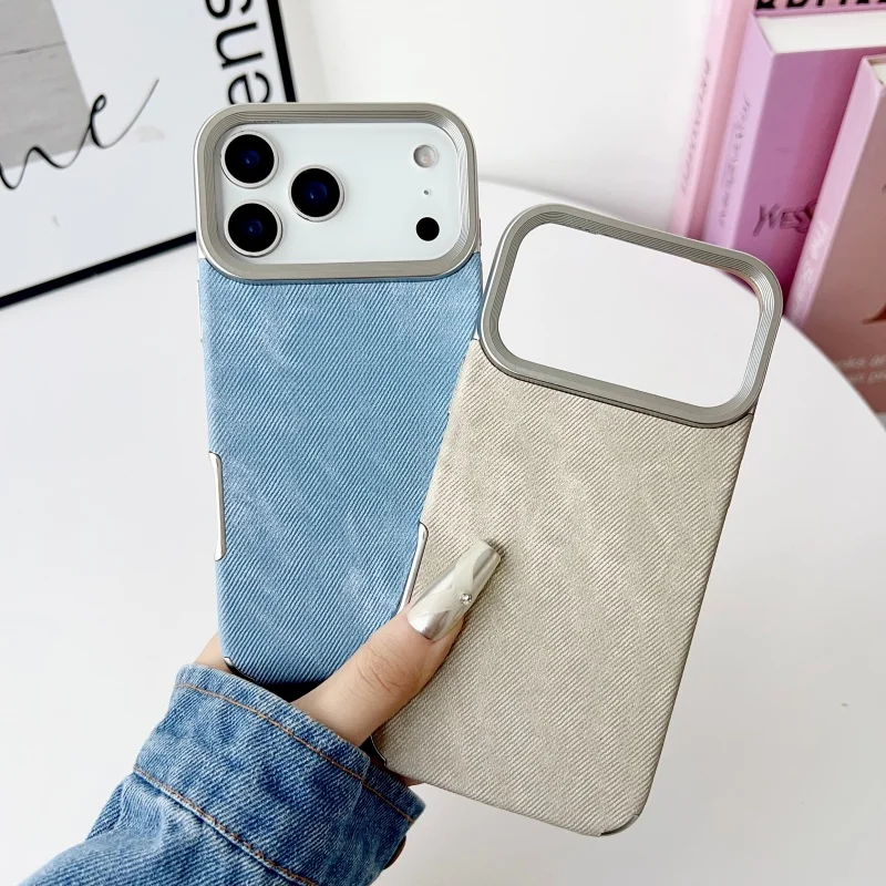 Luxo denim jeans caso de telefone para iphone 11 12 13 14 15 16 17 pro max plus ar 17air 17promax lente galvanizada capa de couro