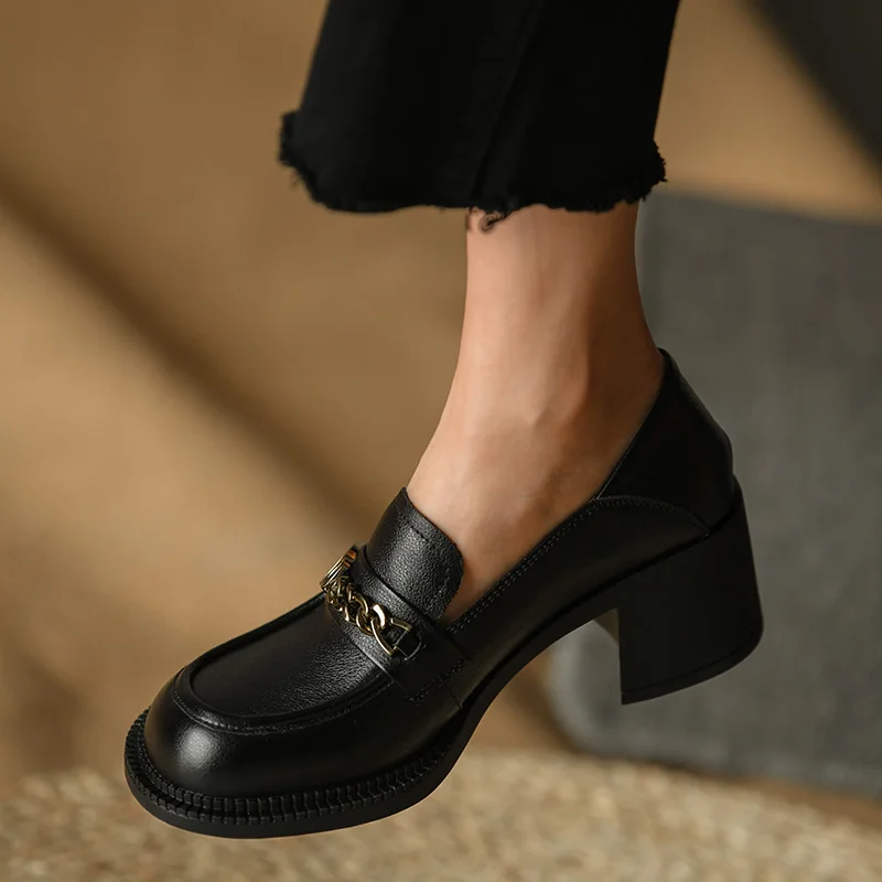 Women Retro Pump Big Toe Cowhide Loafers British Style Ladies Loafers Spring Autum Slip On Simple Shoes On Thick Square Heel