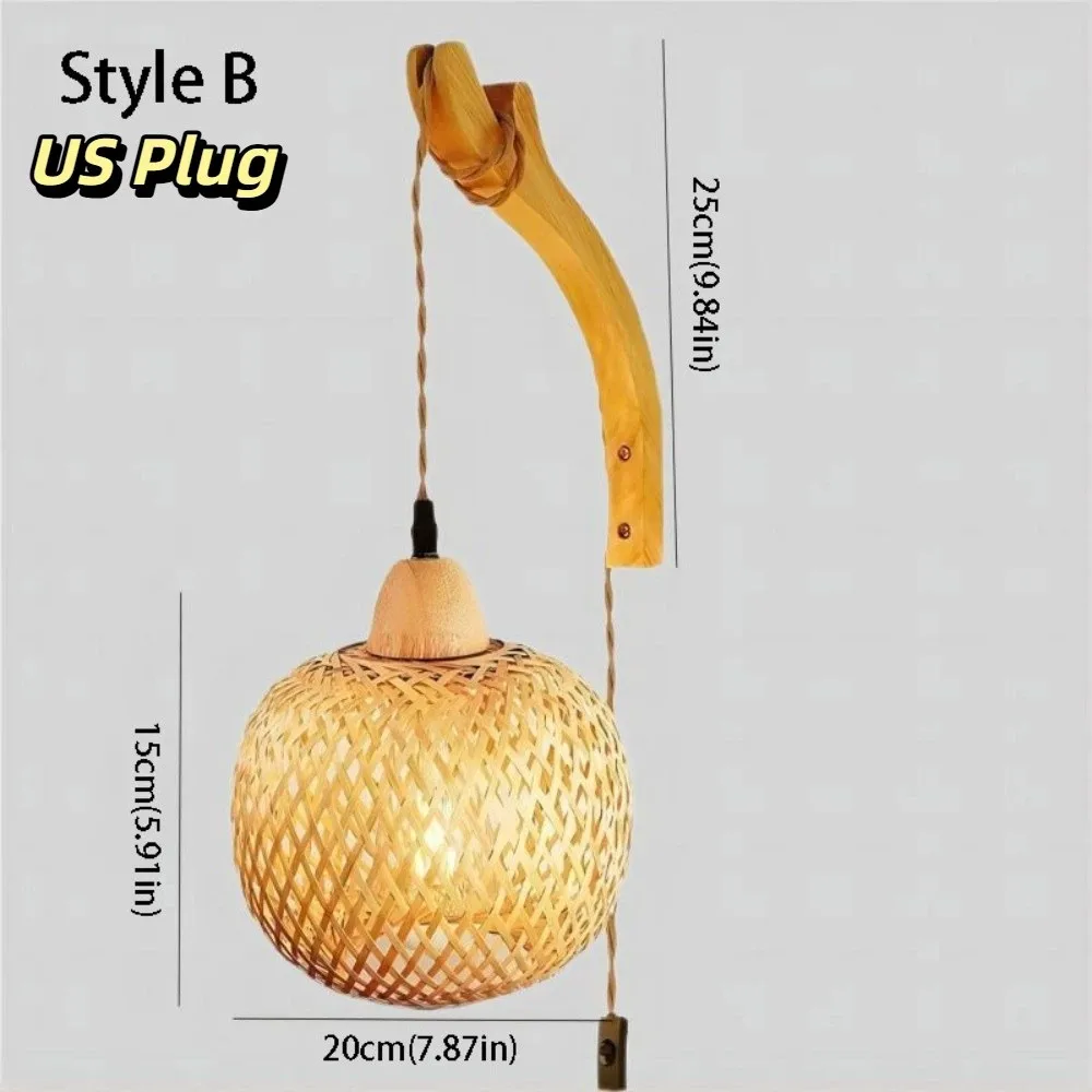 Natural Rattan Bamboo Lantern Wall Lamp Retro Style Hand-Woven Rattan Wicker Chandeliers Creative Design