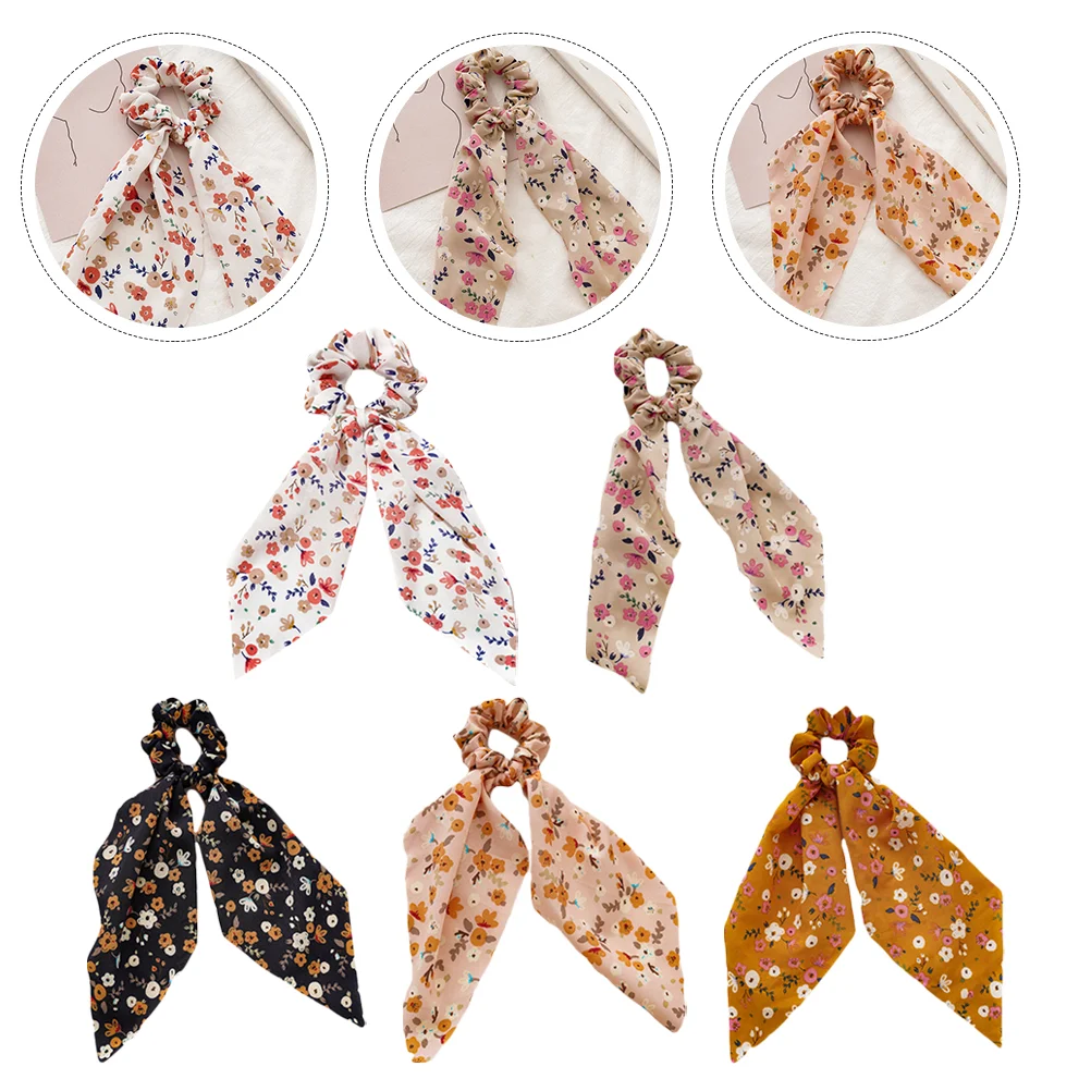 

5 Pcs Floral Ribbon Cloth Hair Small and Fresh Long Ring Women Scrunchies Printing Headdress Ties Women's