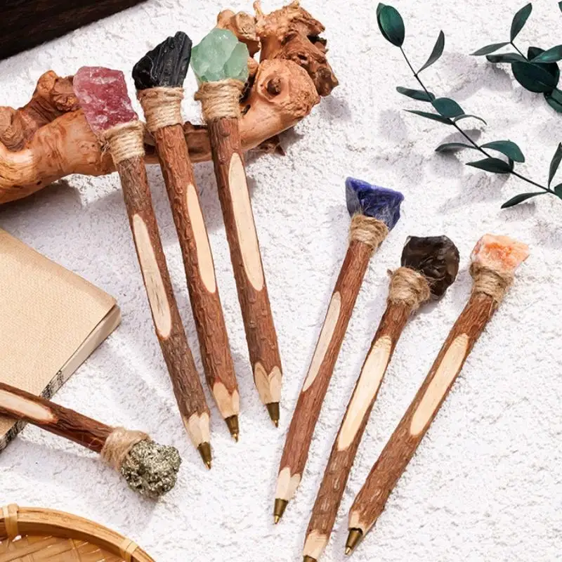 Vintage Natural Rough Crystal Ballpoint Pen Log Craft Decorative Handmade Stone Scepter Pen Wooden Signature Pen Students