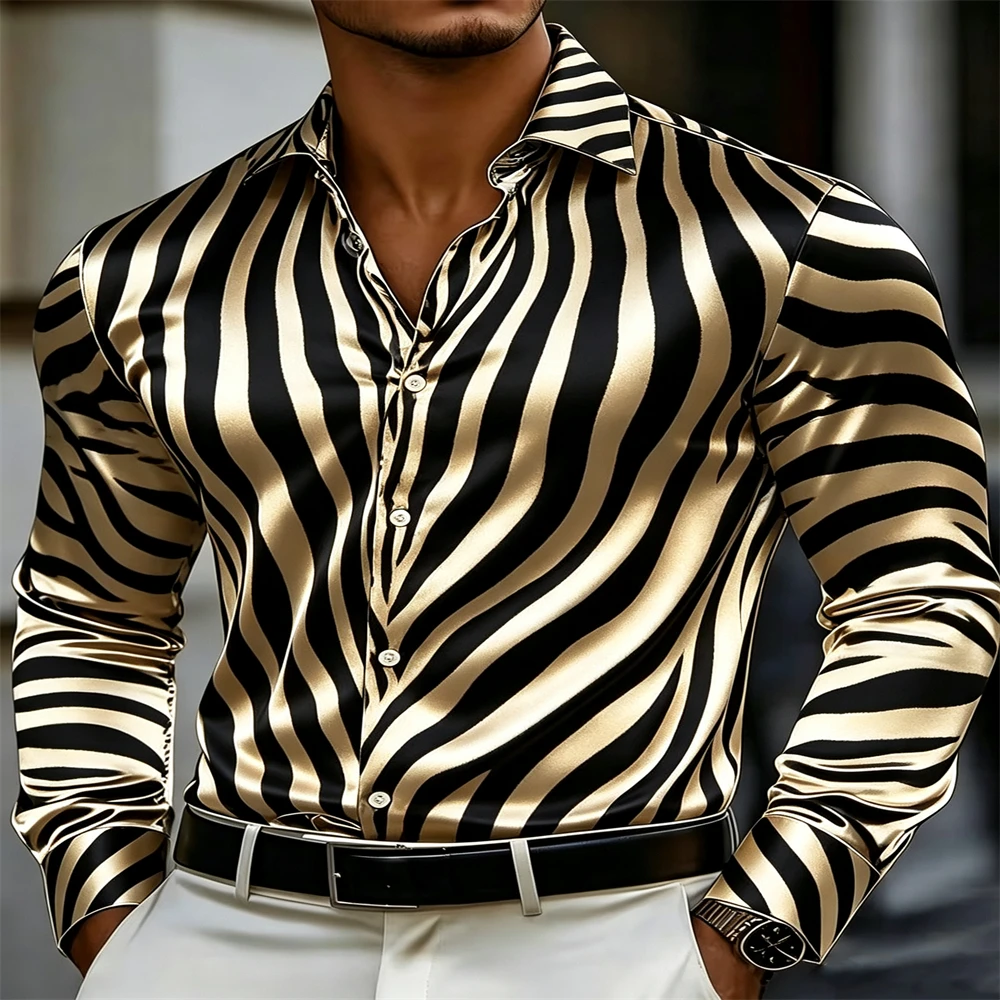 Mens Satin Silk Dress Shirt - Herren Glänzendes Satin-Hemd mit Streifendruck, Langarm,