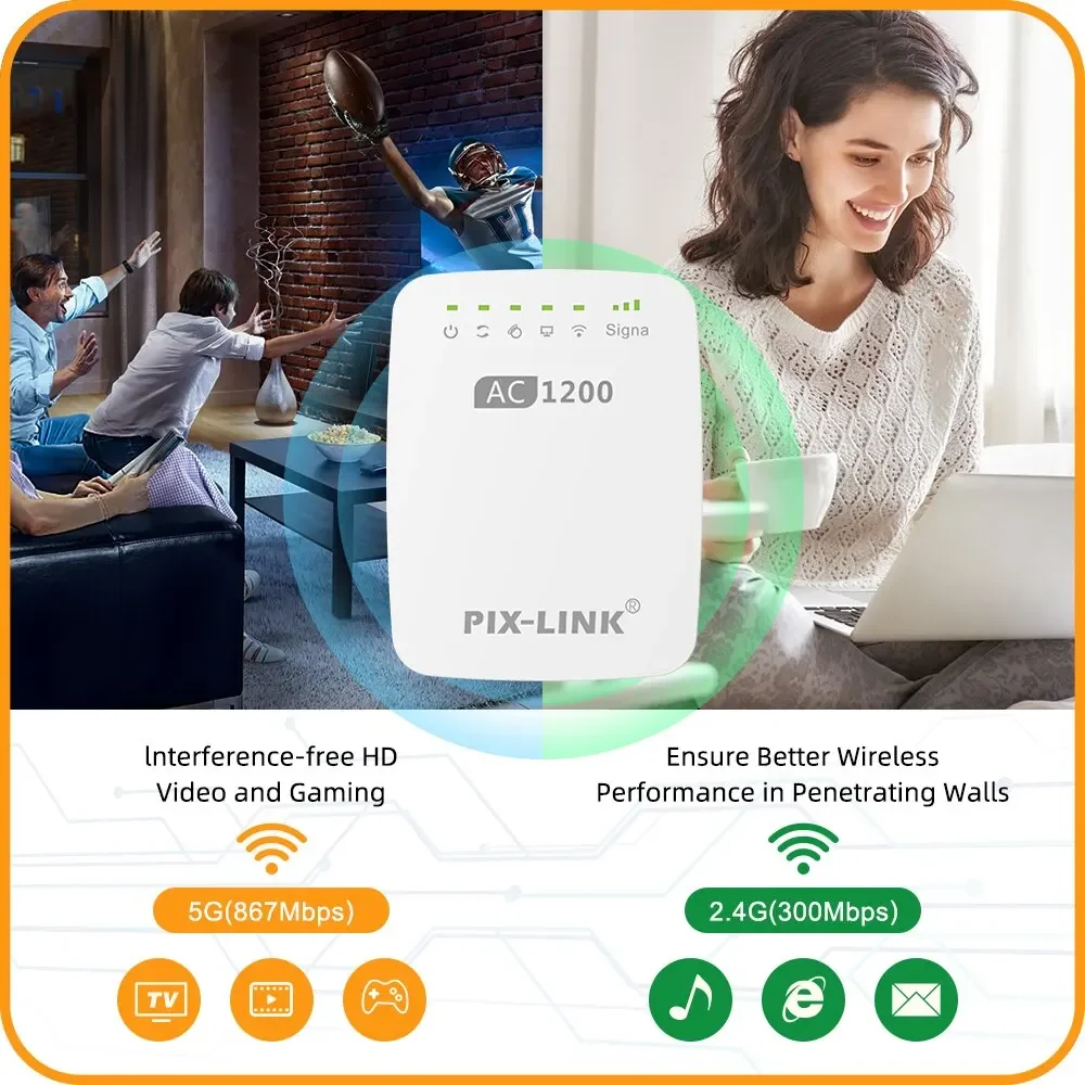 PIX-LINK AC11 1200Mbps WiFi 범위 확장기, 2.4 및 5GHz 신호 부스터 리피터, 액세스 이더넷 포트로 최대 7500평방피트 커버