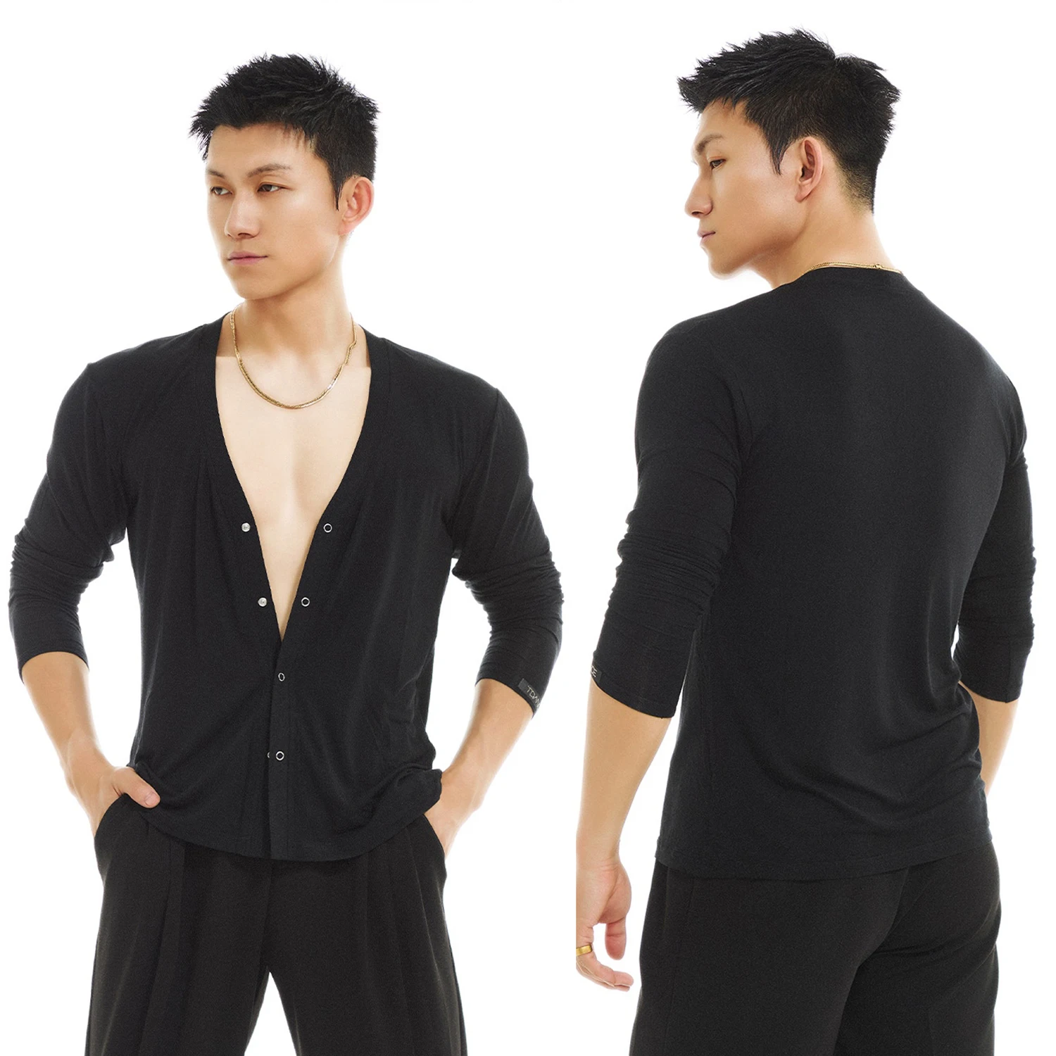 

New Black Latin Dance Shirt Adult Men Practice Clothing Cardigan Salsa Rumba Cha Cha Dance Clothes Performance Costume DNV22995