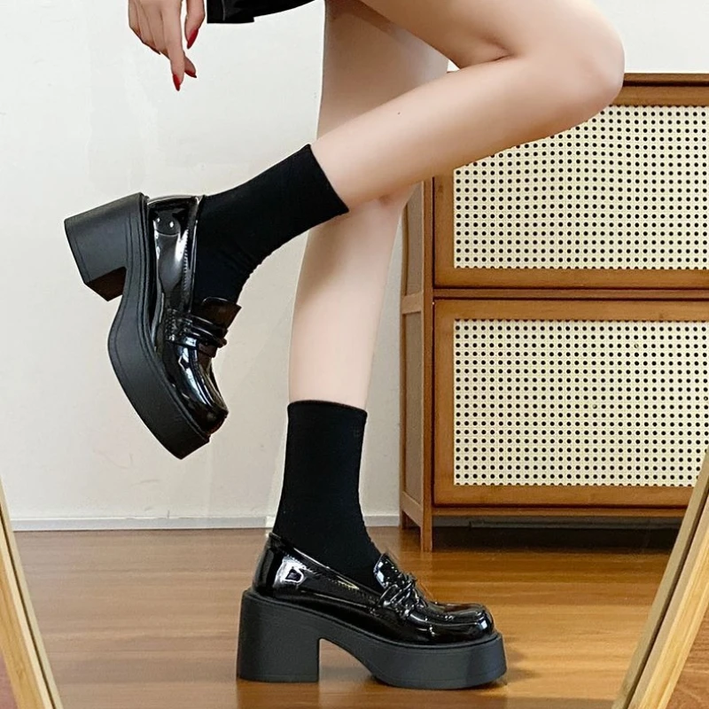 

2026 New Women Loafers Thick Sole Platform Shoes Small Feet Slimming PU Leather Height Increase High Heels For Petite