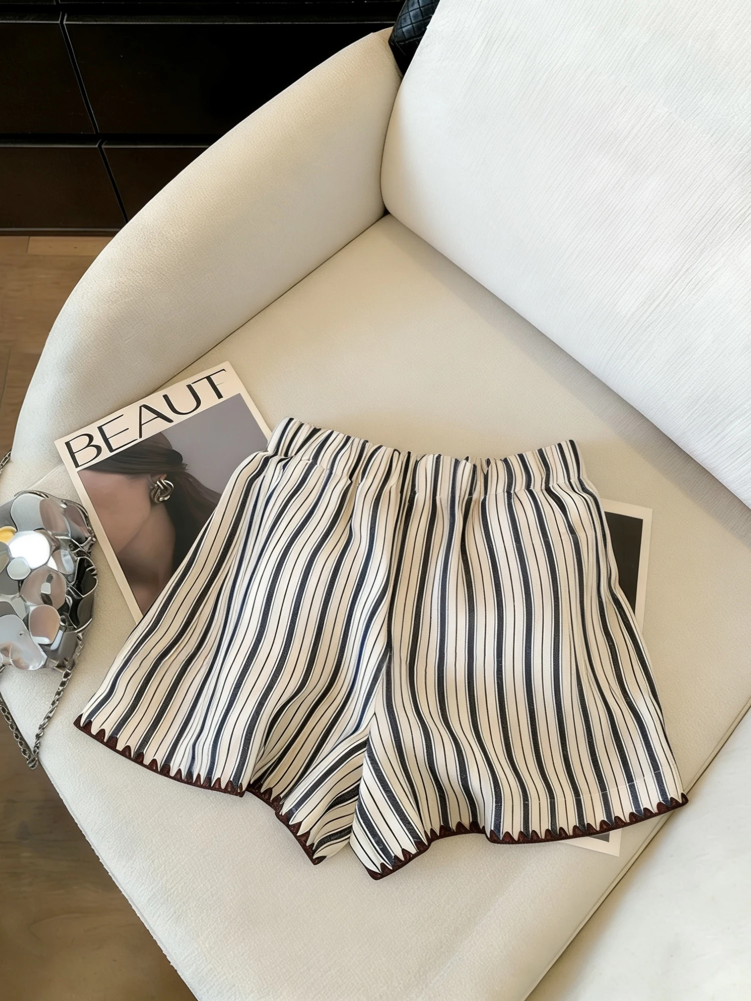 

Korean Sle Lazy Retro Color Blo Stripe Casual orts Women's High Waist Elastic Waist Wide Leg Pants Summer Leisure Faion
